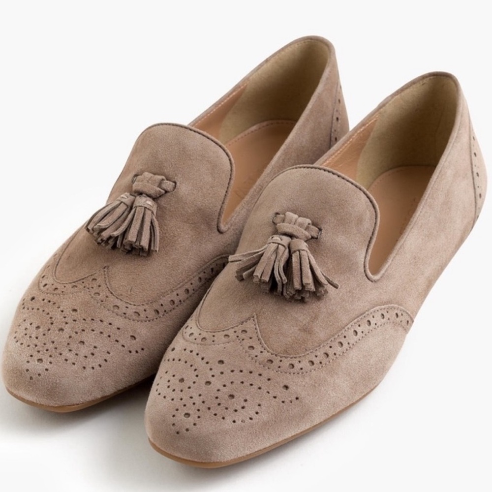 J. Crew Taupe Suede Tassel Loafers with Brogue Detail